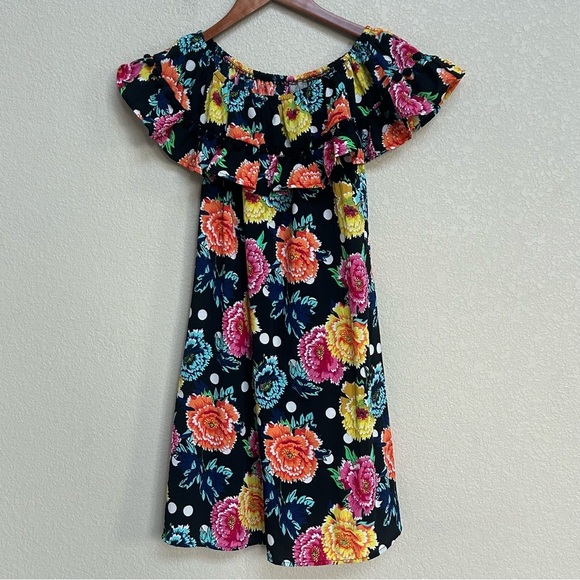 ASOS Women’s Size 4 Off-Shoulder Floral Polka Dot Ruffle Dress Black Multicolor - Picture 1 of 6